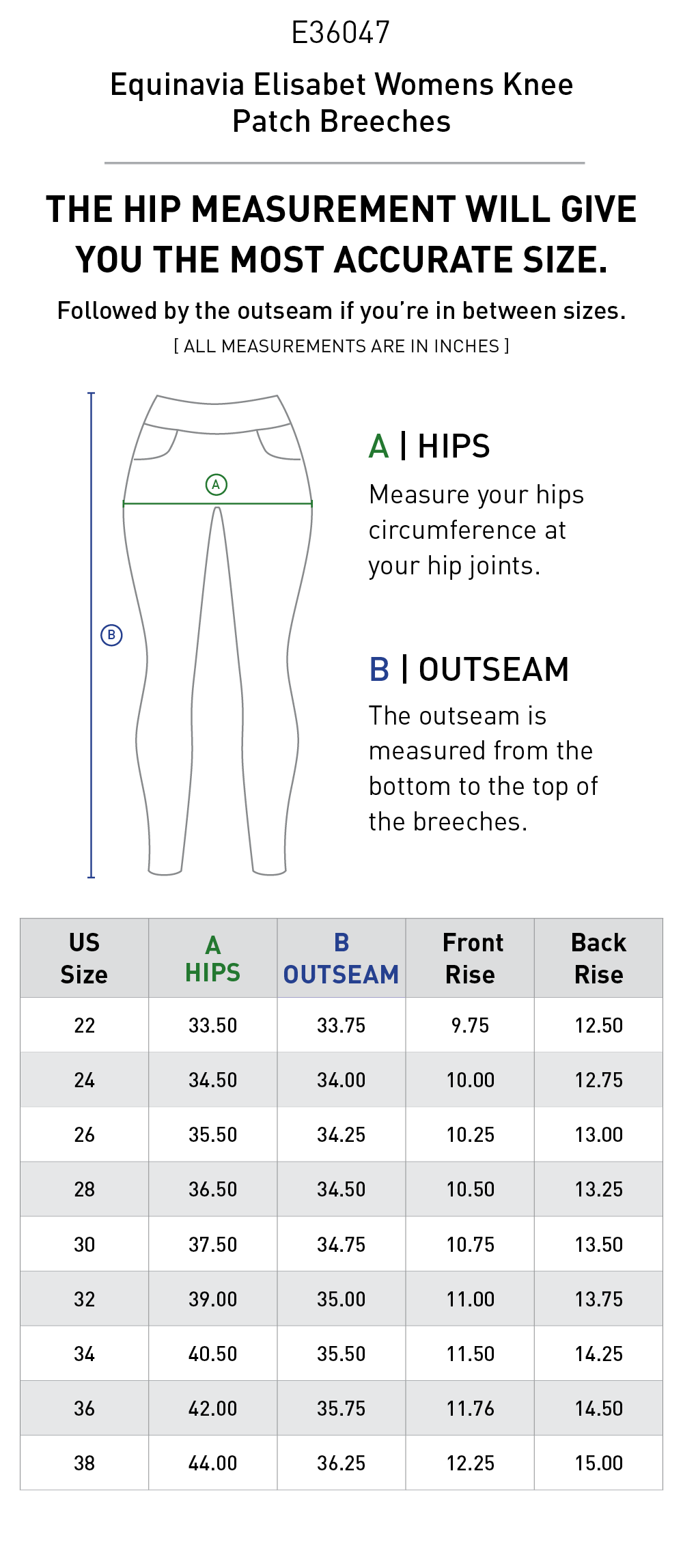 Size chart for Equinavia Elisabet Womens Knee Patch Breeches - Dark Brown