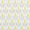 Textile panel (fabric or wallpaper) displaying a repeating vertical stylized leaf motifâ€”pale yellow and light gray leaves on white; forming a seamless, evenly lit, mid-century modern pattern.