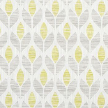 Textile panel (fabric or wallpaper) displaying a repeating vertical stylized leaf motif—pale yellow and light gray leaves on white; forming a seamless, evenly lit, mid-century modern pattern.