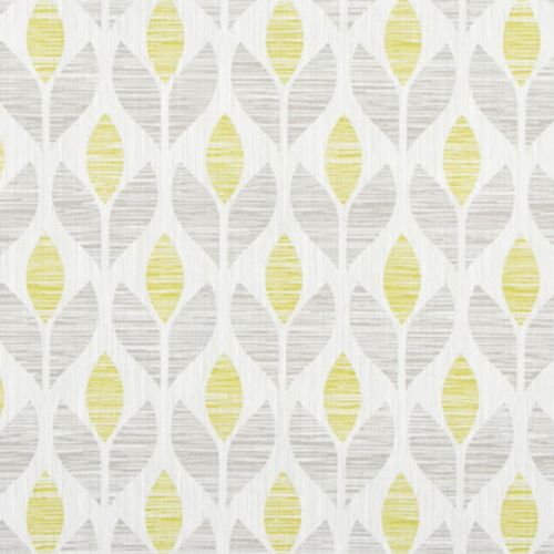 Textile panel (fabric or wallpaper) displaying a repeating vertical stylized leaf motifâ€”pale yellow and light gray leaves on white; forming a seamless, evenly lit, mid-century modern pattern.