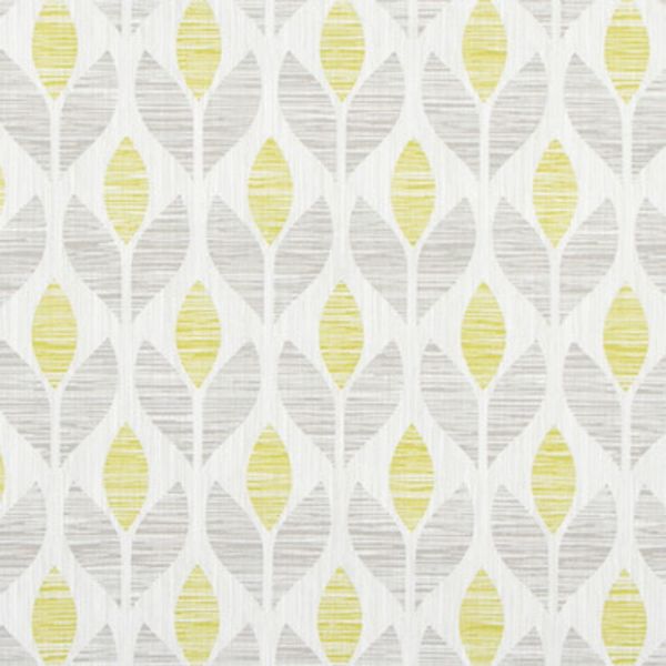 Textile panel (fabric or wallpaper) displaying a repeating vertical stylized leaf motifâ€”pale yellow and light gray leaves on white; forming a seamless, evenly lit, mid-century modern pattern.