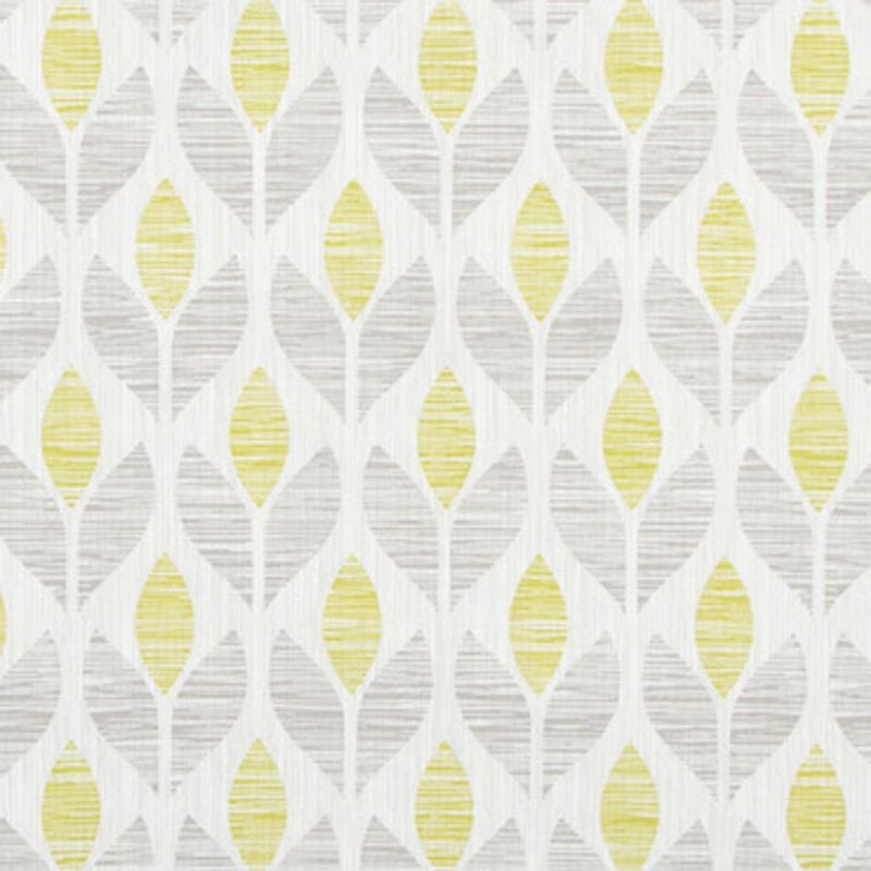 Textile panel (fabric or wallpaper) displaying a repeating vertical stylized leaf motifâ€”pale yellow and light gray leaves on white; forming a seamless, evenly lit, mid-century modern pattern.