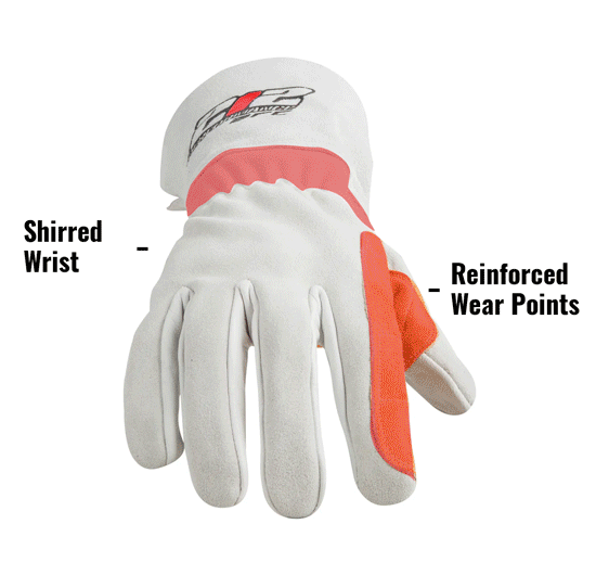 ARC Premium MIG Welding Gloves in White and Tan ARCMIG-00 showing Shirred Wrist and Reinforced Wear Points