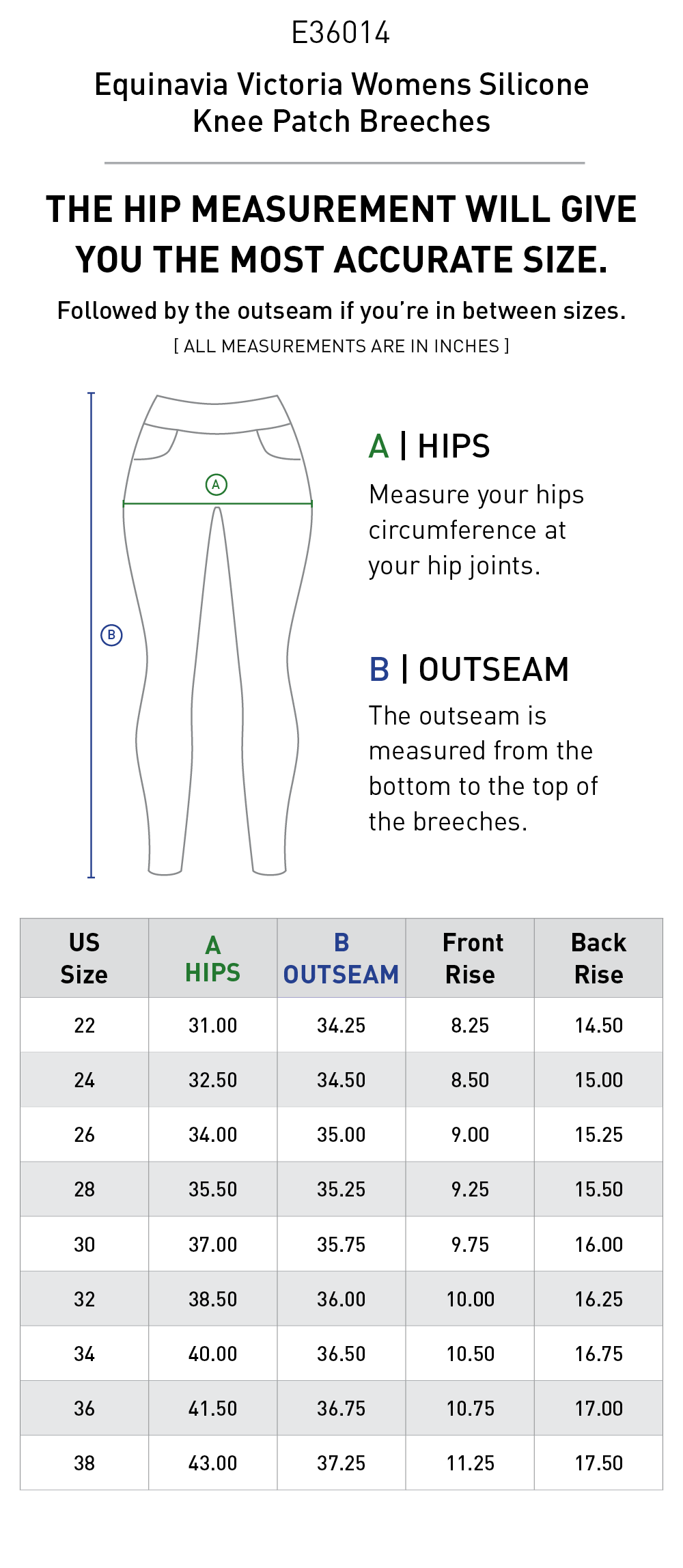 Size chart for Equinavia Victoria Womens Silicone Knee Patch Breeches - Black/Black