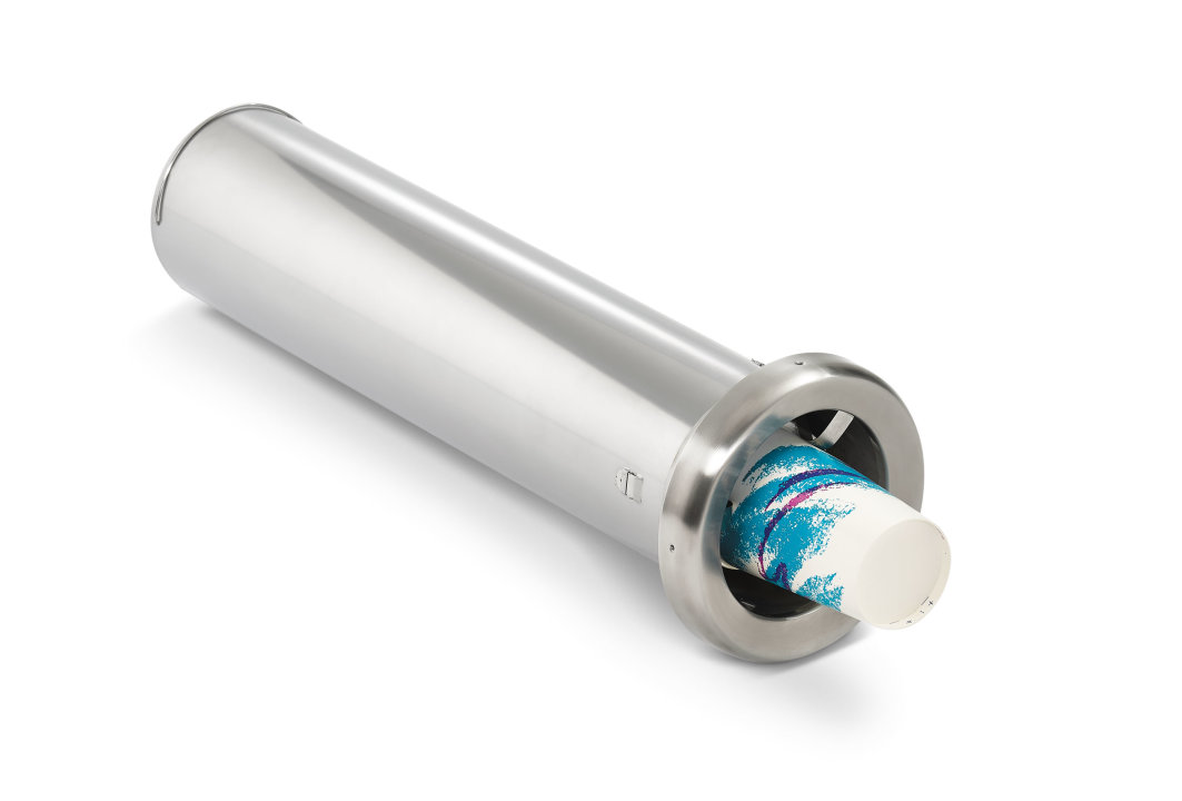Adjustable stainless steel cup dispenser for 8- to 44-ounce cups with 3- to 4 5/8-inch diameter