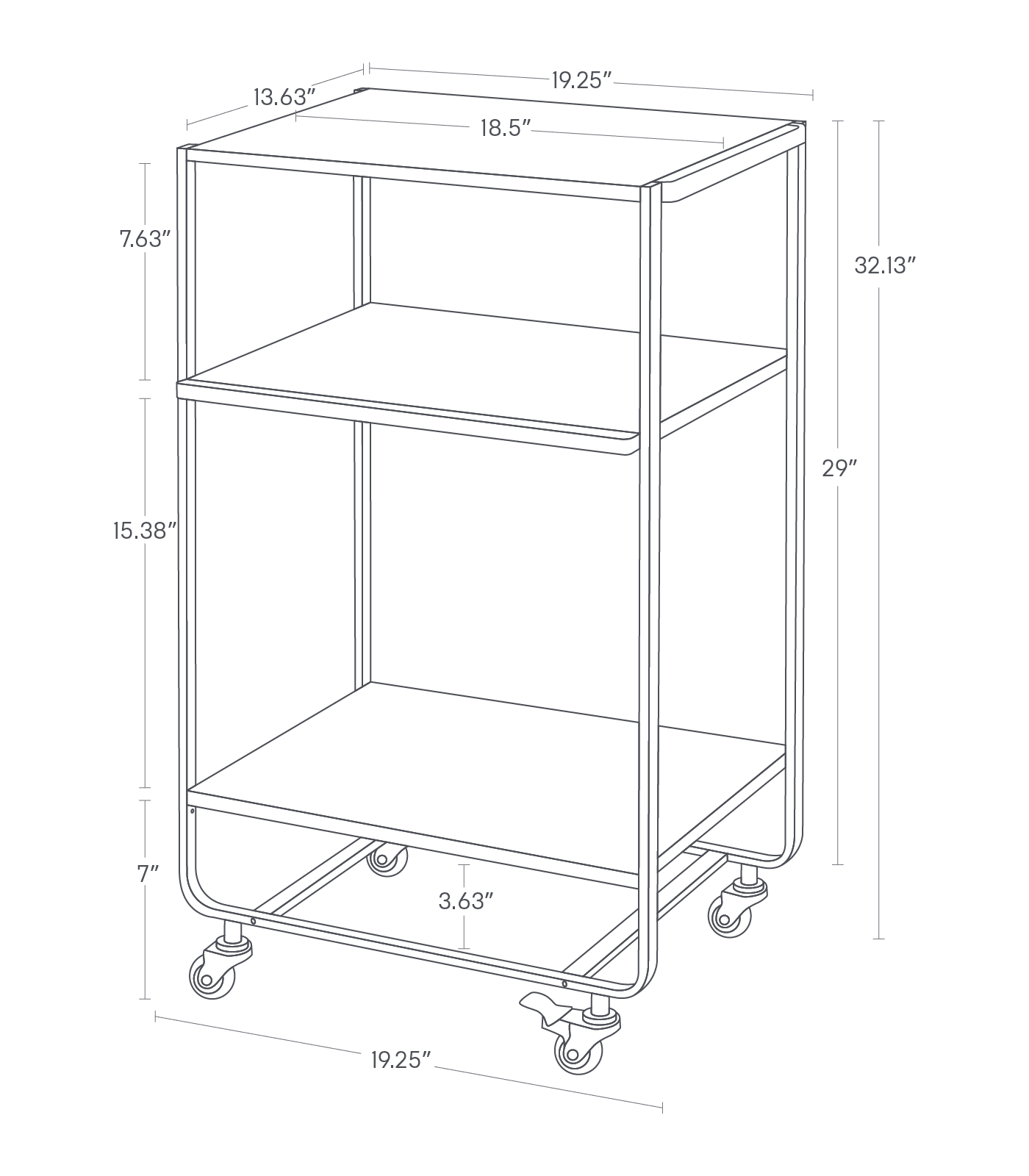 Dimension image for Rolling Utility Carton a white background showinglength of 19.25 inches with a handle, width of 13.63 inches, height of 32.13 inches. The bottom shelf is placed at a height of 7 inches, and the top shelf is spaced 15.38 inches from the bottom shelf. The tabletop measures 18.5 inches by 13.63 inches.