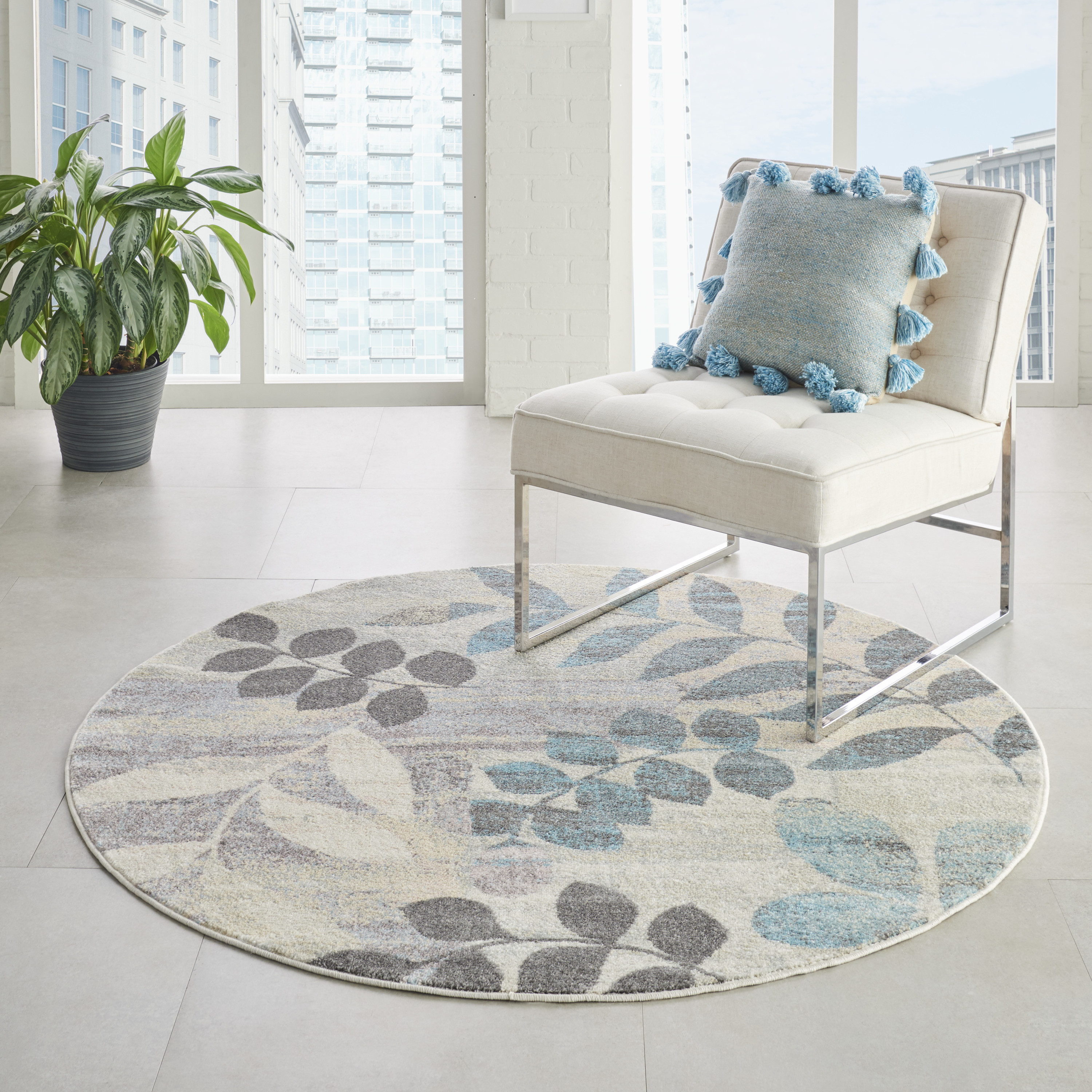 Nourison Tranquil 4' x Round Ivory Light Blue Farmhouse Indoor Rug