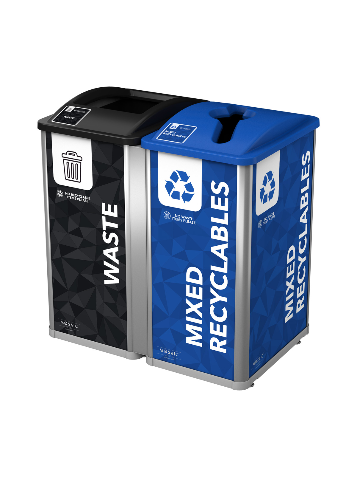 Mosaic Series double waste and recycling containers with full black lid and mixed blue lid