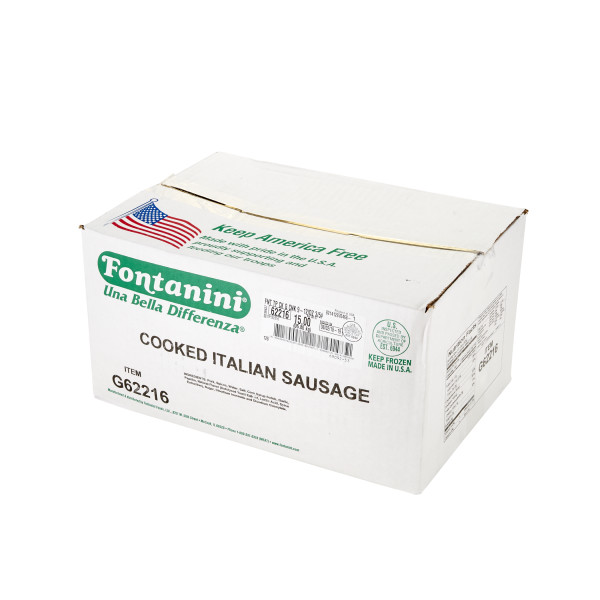 FONTANINI(r) Garlic Italian Sausage Topping, Cooked, Chunk, 12-14/oz, 3/5 lb . C1RA - Front Right Closed Case (Hi Res)