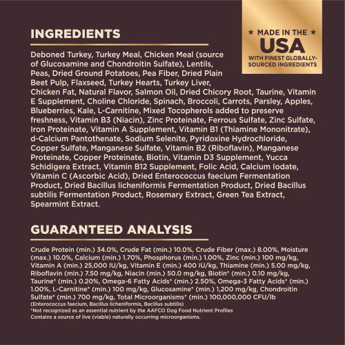 <p>Deboned Turkey, Turkey Meal, Chicken Meal (source of Glucosamine and Chondroitin Sulfate), Lentils, Peas, Dried Ground Potatoes, Pea Fiber, Dried Plain Beet Pulp, Flaxseed, Turkey Liver, Turkey Hearts, Chicken Fat, Natural Flavor, Salmon Oil, Dried Chicory Root, Taurine, Vitamin E Supplement, Choline Chloride, Spinach, Broccoli, Carrots, Parsley, Apples, Blueberries, Kale, L-Carnitine, Mixed Tocopherols added to preserve freshness, Vitamin B3 (Niacin), Zinc Proteinate, Ferrous Sulfate, Zinc Sulfate, Iron Proteinate, Vitamin A Supplement, Vitamin B1 (Thiamine Mononitrate), d-Calcium Pantothenate, Sodium Selenite, Pyridoxine Hydrochloride, Copper Sulfate, Manganese Sulfate, Vitamin B2 (Riboflavin), Manganese Proteinate, Copper Proteinate, Biotin, Vitamin D3 Supplement, Yucca Schidigera Extract, Vitamin B12 Supplement, Folic Acid, Calcium Iodate, Vitamin C (Ascorbic Acid), Dried Enterococcus faecium Fermentation Product, Dried Bacillus licheniformis Fermentation Product, Dried Bacillus subtilis Fermentation Product, Rosemary Extract, Green Tea Extract, Spearmint Extract.<br />
This is a naturally preserved product<br />
Manufactured in a facility that also processes grains	</p>
