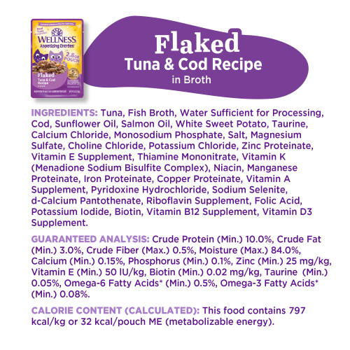<p>Tuna, Fish Broth, Water Sufficient for Processing, Cod, Sunflower Oil, Salmon Oil, White Sweet Potato, Taurine, Calcium Chloride, Monosodium Phosphate, Dried Chicory Root, Salt, Guar Gum, Magnesium Sulfate, Choline Chloride, Potassium Chloride, Zinc Proteinate, Vitamin E Supplement, Thiamine Mononitrate, Vitamin K (Menadione Sodium Bisulfite Complex), Niacin, Manganese Proteinate, Iron Proteinate, Copper Proteinate, Vitamin A Supplement, Pyridoxine Hydrochloride, Sodium Selenite, d-Calcium Pantothenate, Riboflavin Supplement, Folic Acid, Potassium Iodide, Biotin, Vitamin B12 Supplement, Vitamin D3 Supplement.</p>
