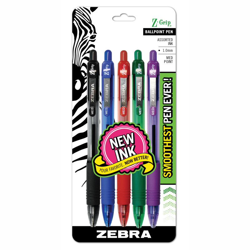 Z-Grip Ballpoint Retractable Pen, 1.0mm, Assorted, 5-Pack