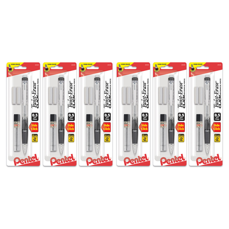 Twist-Erase Click Mechanical Pencil (0.5mm) Clear Barrel, 1-Pack with Lead & 2 Erasers, Pack of 6