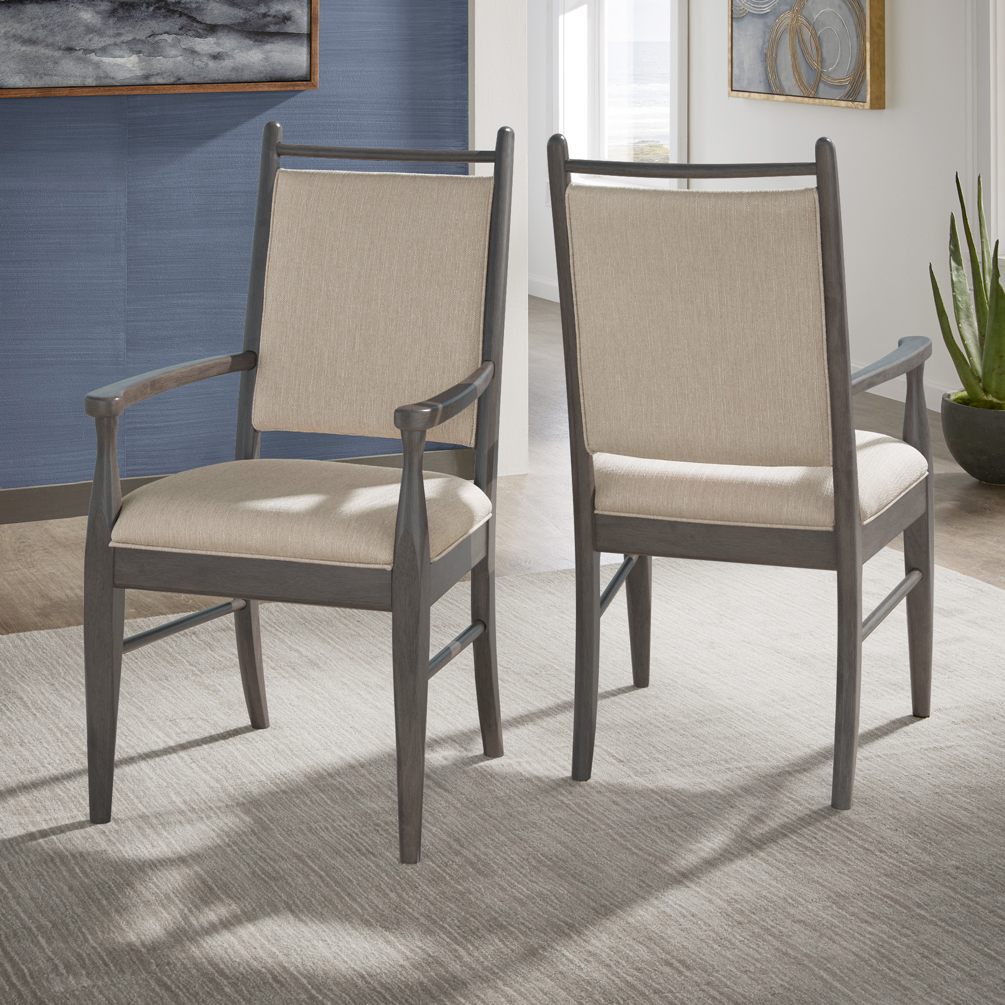 Wood Finish Beige Fabric Arm Chair (Set of 2)