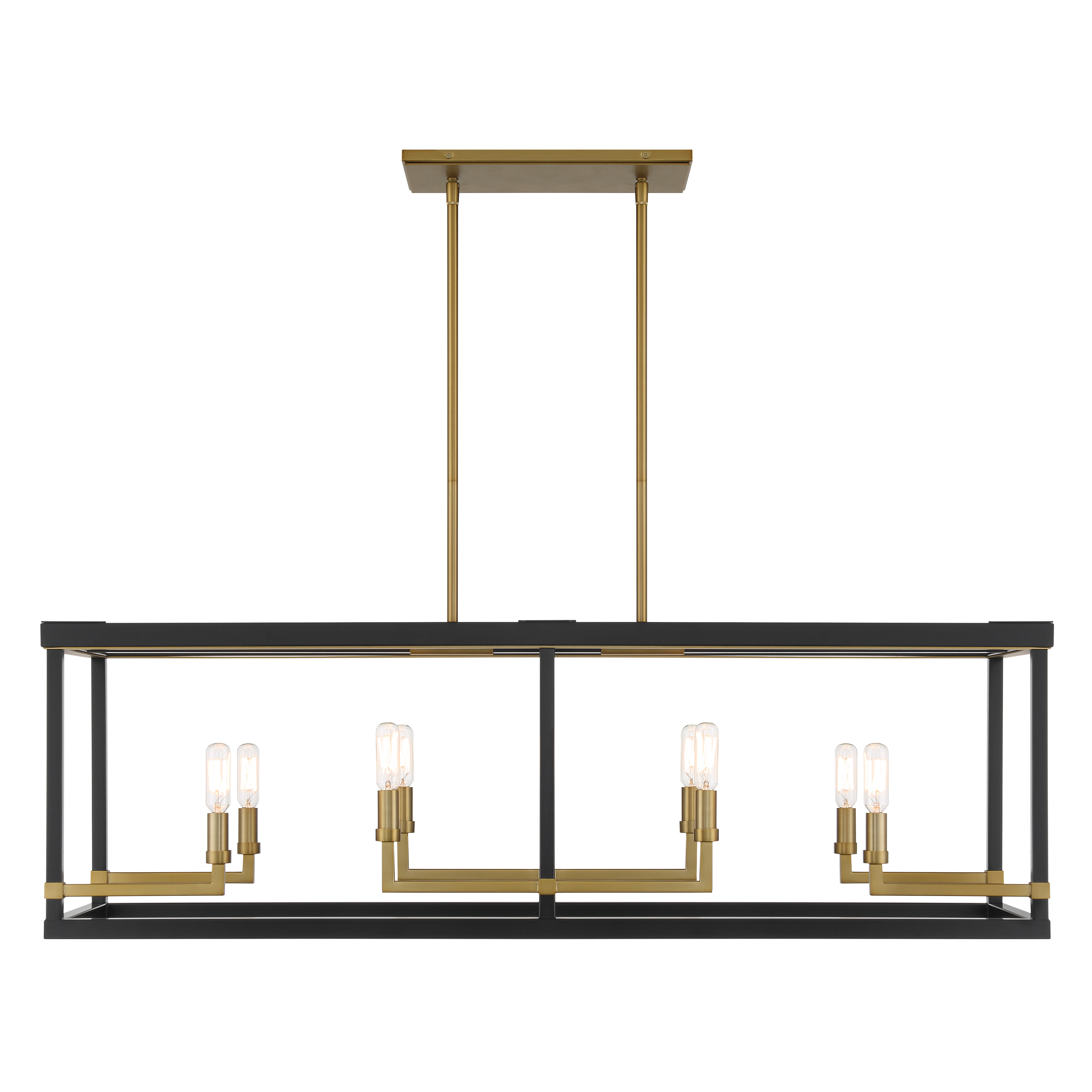 The Union Estates 8-Light Island Chandelier combines modern sophistication with industrial charm. Its 40-inch linear design in coal black with soft brass accents creates dramatic visual impact over kitchen islands and dining tables. - alternate view