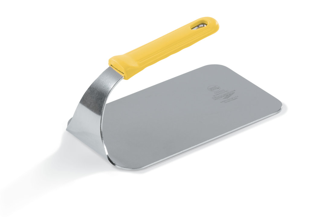 1 ⅗-pound flat-bottom stainless steel steak weight with yellow silicone handle