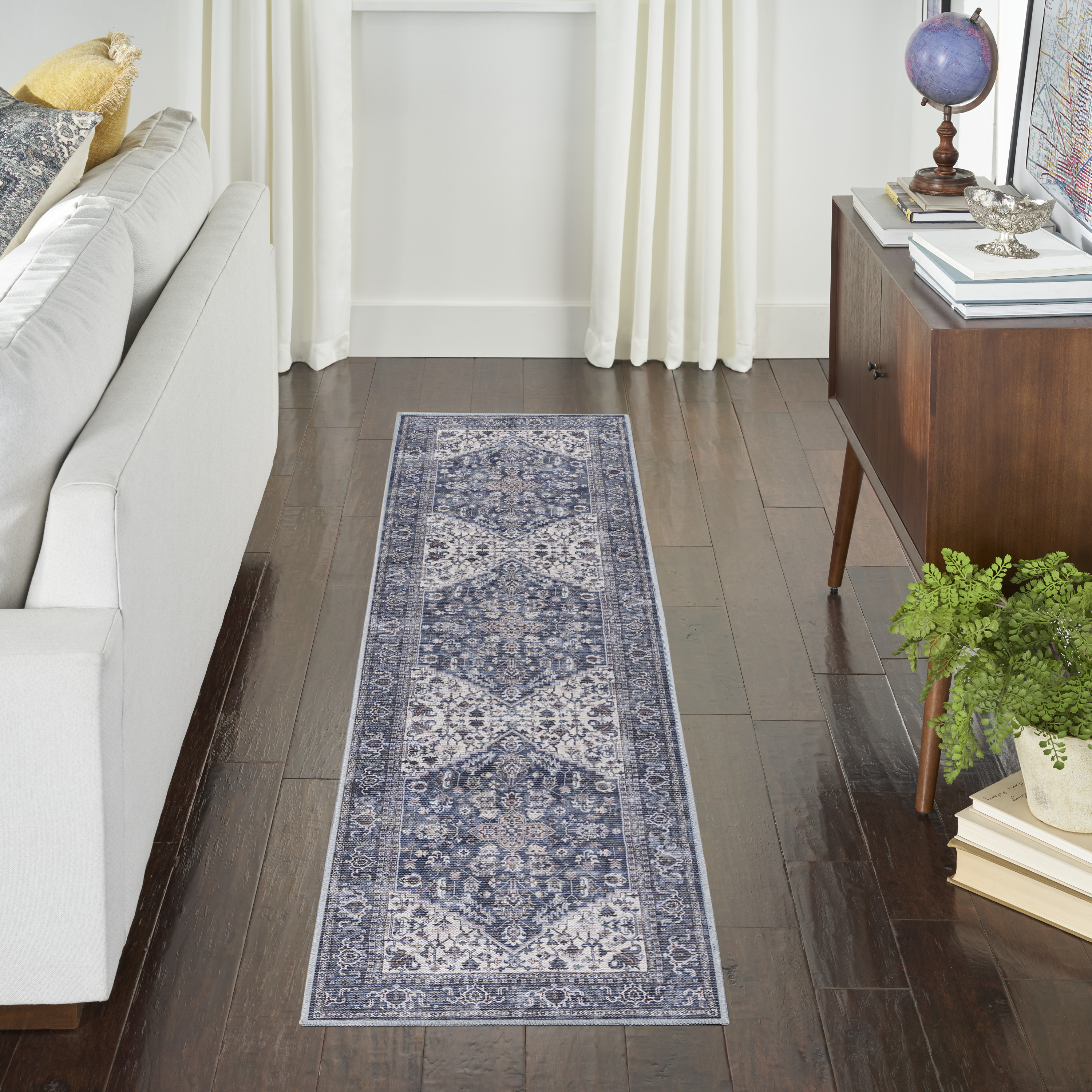 Nourison New Concept Washables 2'2" x 10' Navy Ivory Vintage Indoor Rug