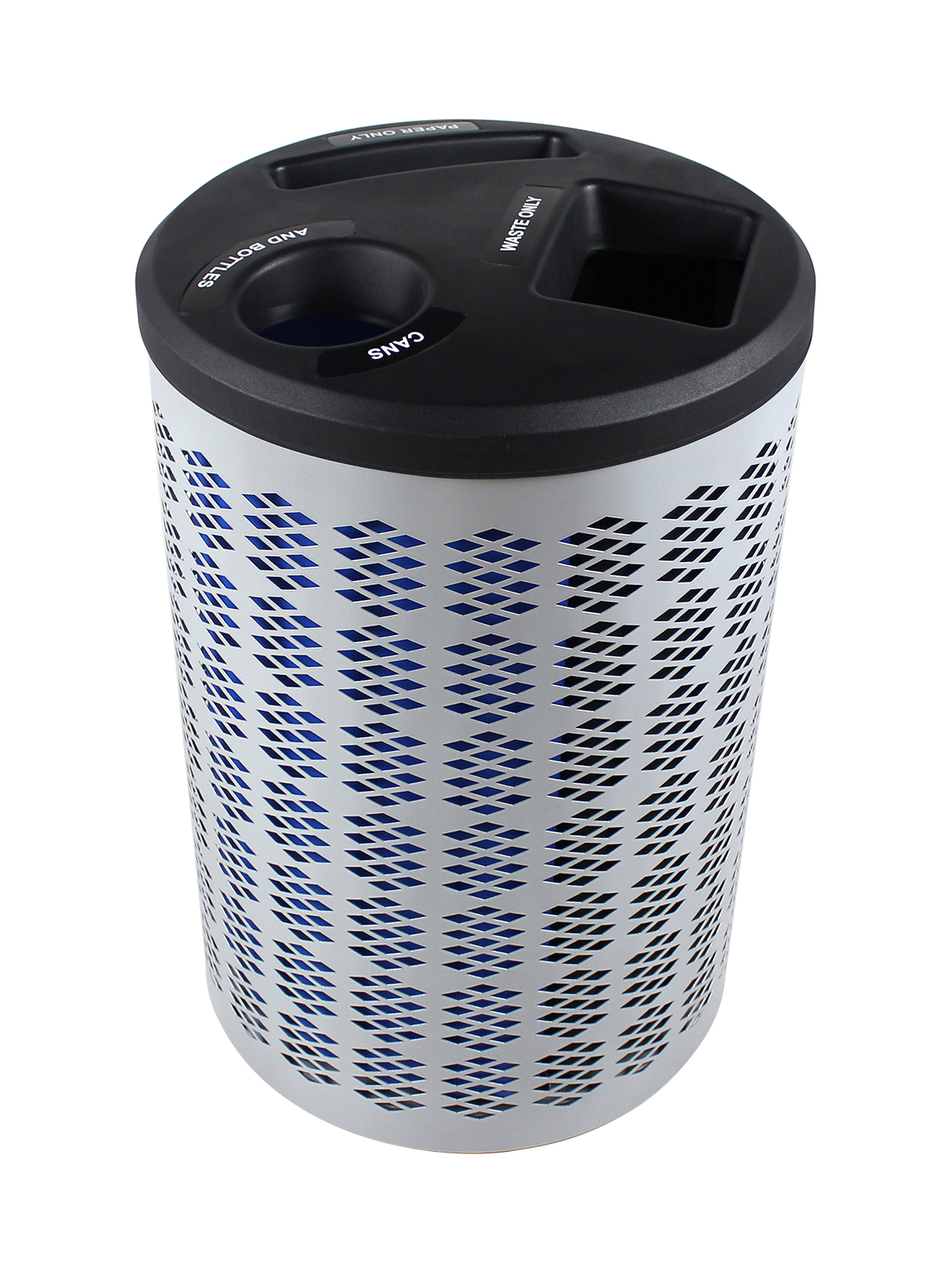 Busch Systems triple stream Berkeley waste container with black lid and labels