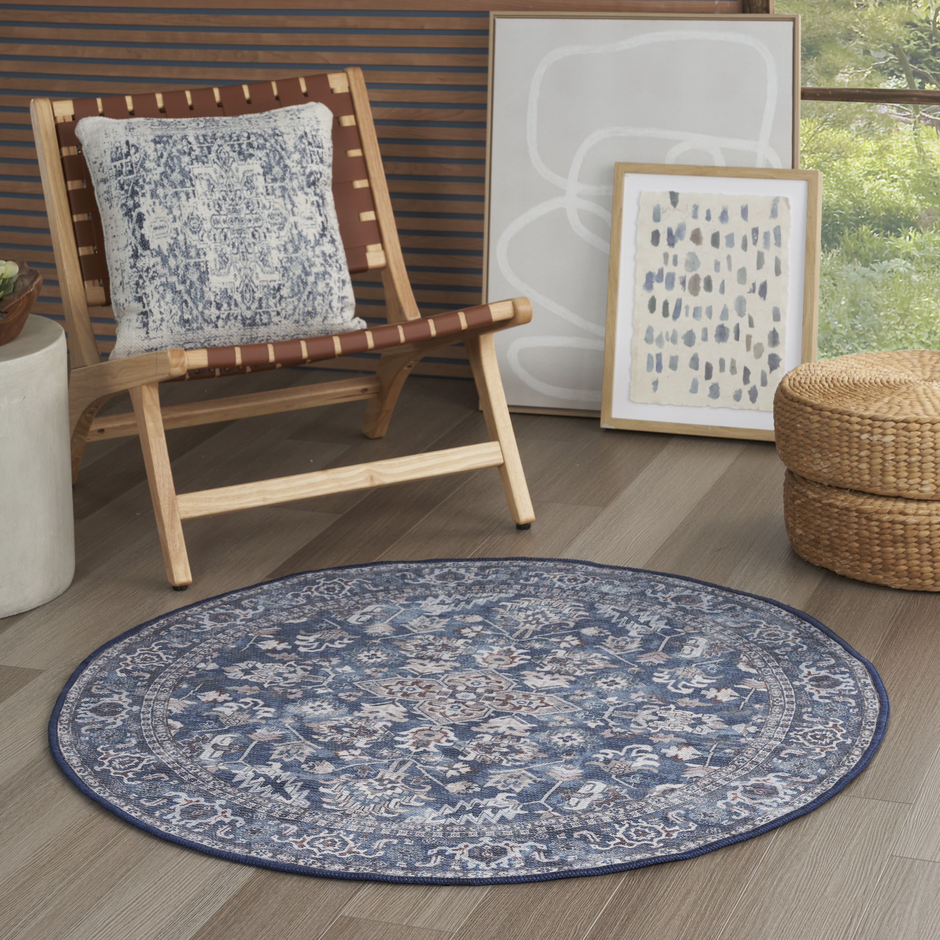 Nourison New Concept Washables 4' x Round Navy Ivory Vintage Indoor Rug