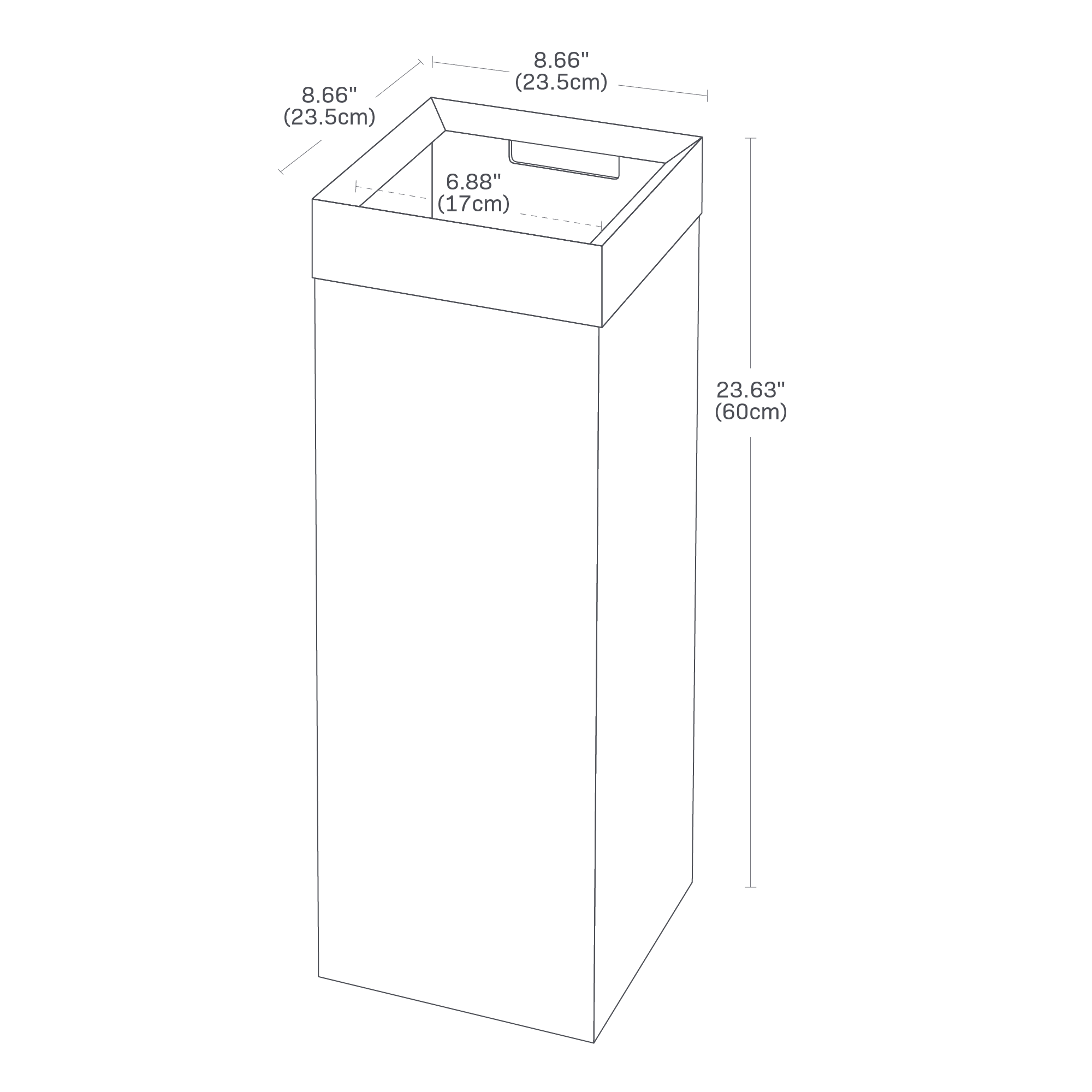 Dimension image for Trash Can showing a total height of 23.63 inches and equal length/height of 8.9 inches.