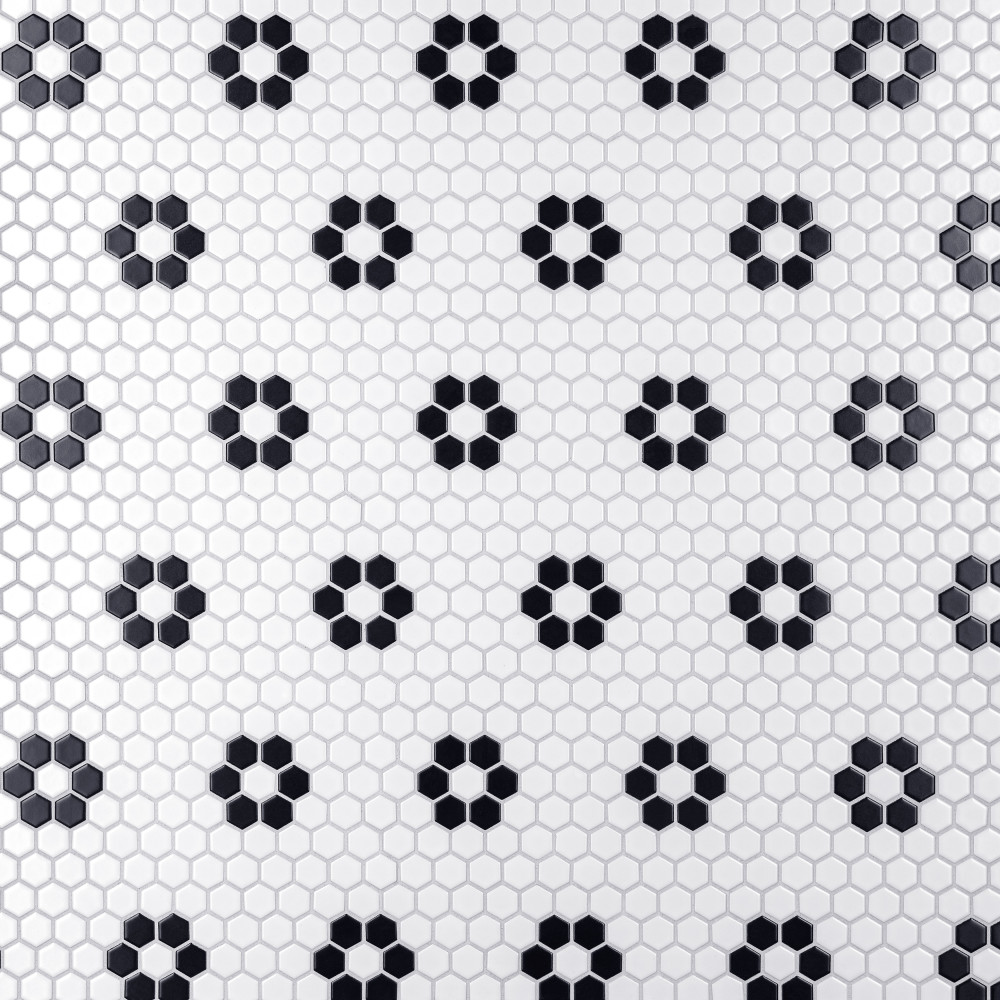 Metro 1″ Hex Matte White w/Flower 10-1/4 in. x 11-7/8 in. Porcelain Mosaic Tile