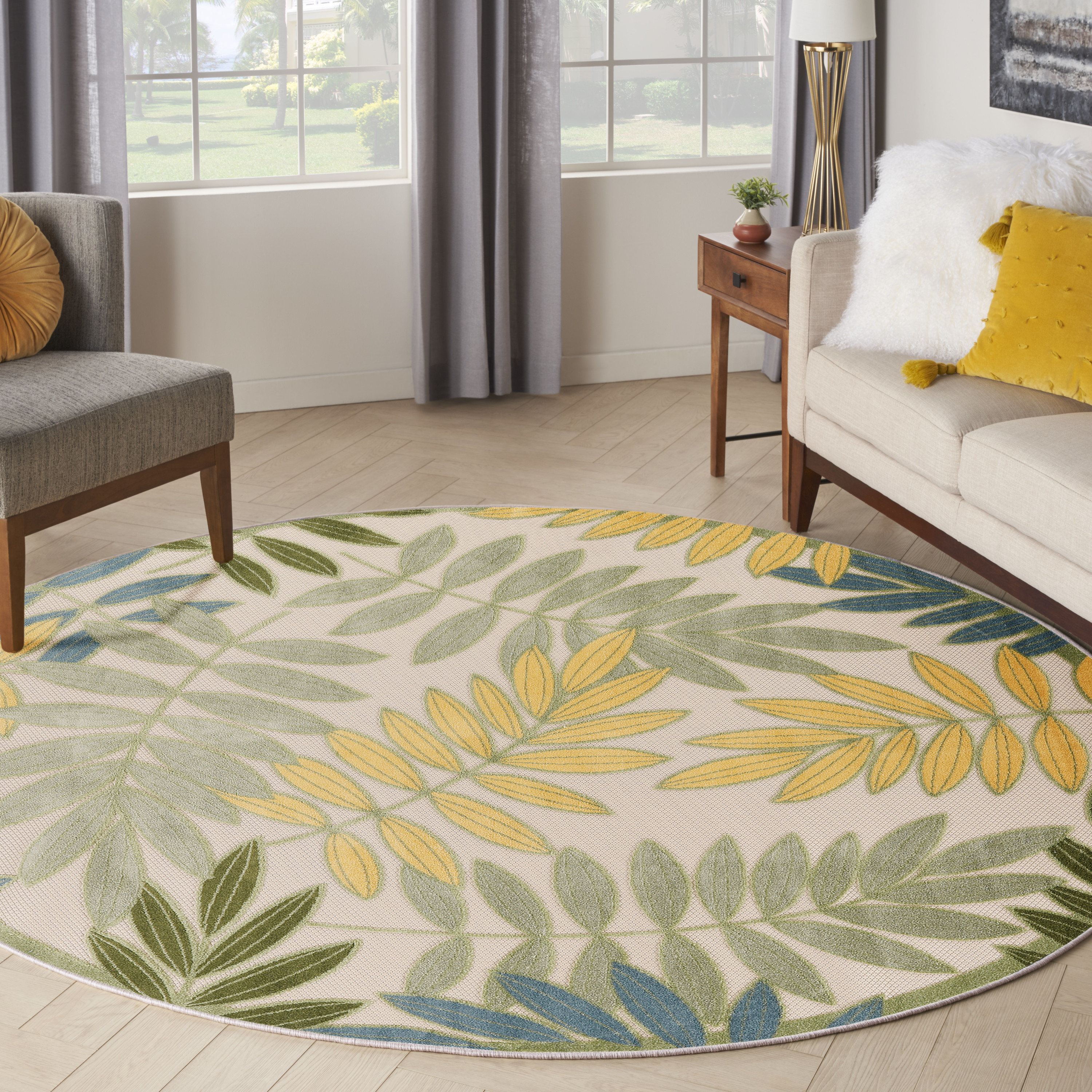 Nourison Aloha 5'3" x Round Green Multicolor Outdoor Rug