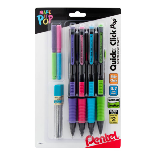 Pentel Quick Click Pop Mechanical Pencil, 0.7mm (with lead and eraser refill) 4 pack