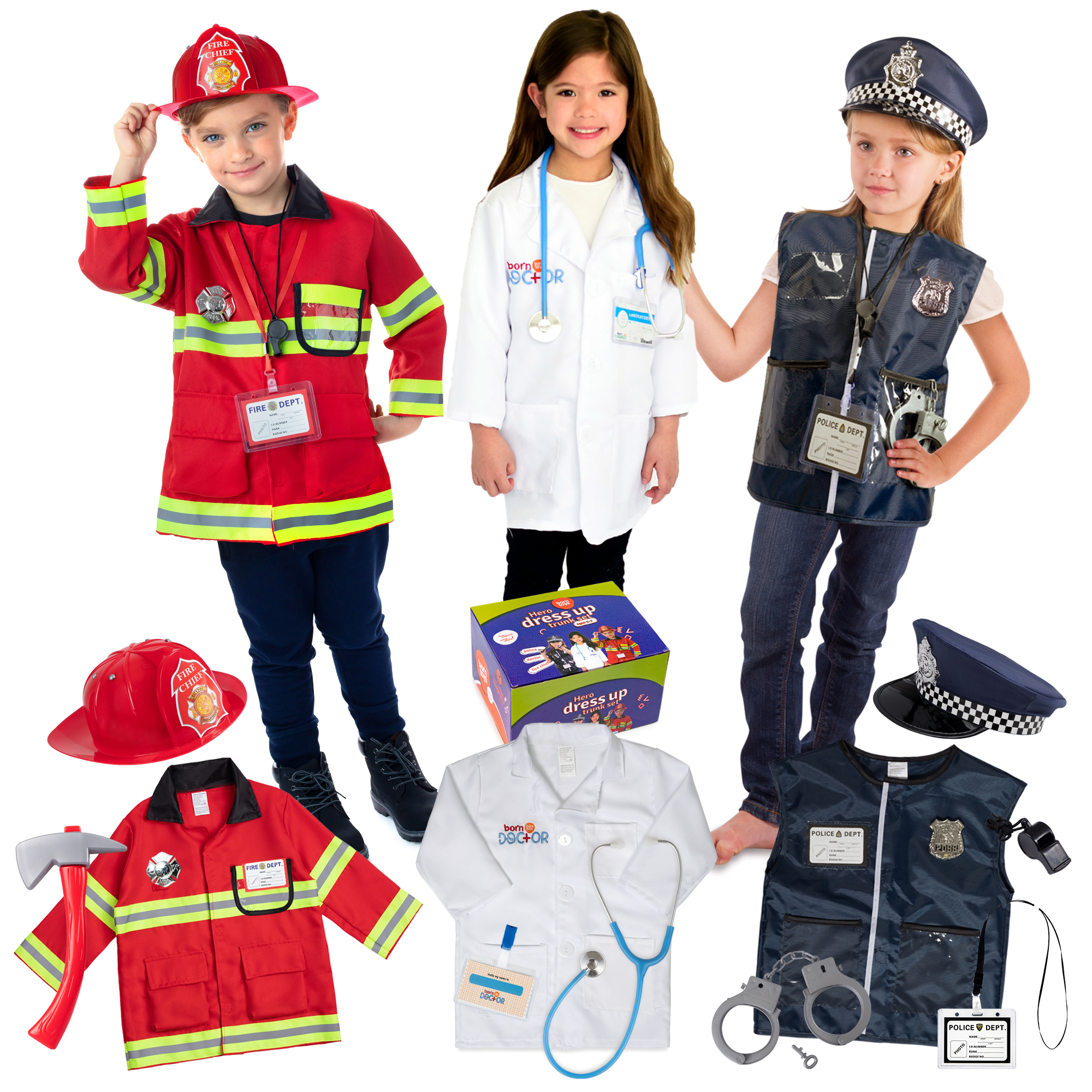Bintiva Dress Up / Drama Play Hero Trunk Set, Fireman-Police-Doctor image number null
