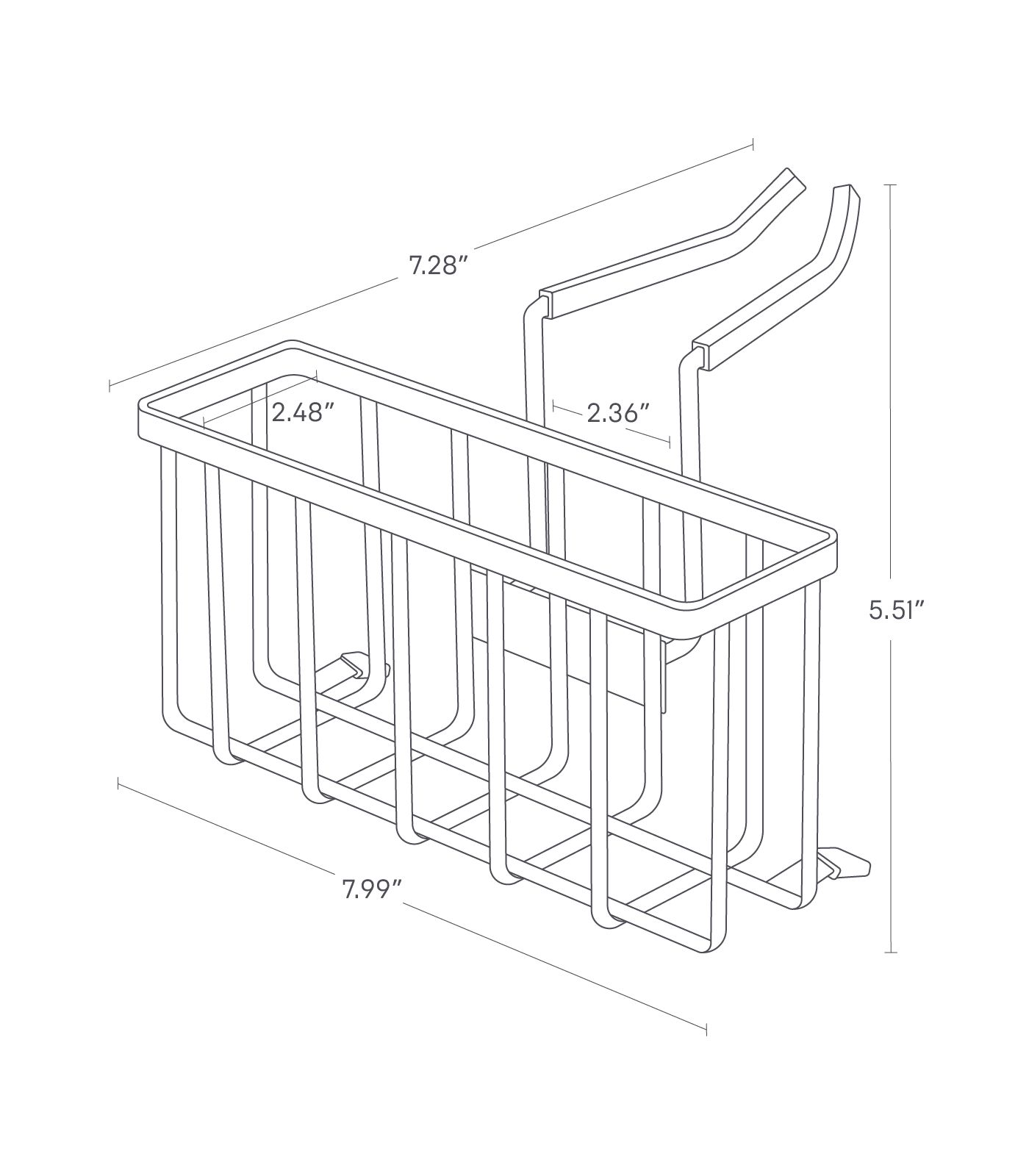Image dimensionnelle pour le porte-éponge suspendu au robinet sur un fond blanc avec une longueur de base de 7,99