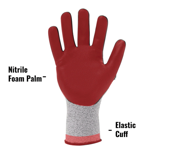 AX360 Impact Cut Resistant Gloves in Black and Gray (EN Level 3, ANSI A2) AXIMPC3-06 showing Nitrile Foam Palm with Textured Grip and Elastic Cuff