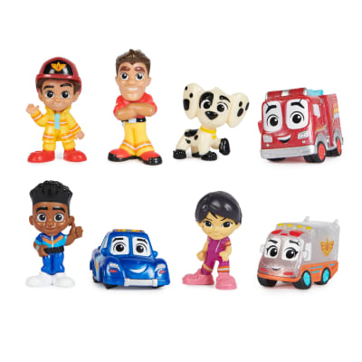 Disney Junior Firebuds, Coffret cadeau L'équipe des petits sauveteurs avec 8 figurines et autocollants à collectionner, jouets pour filles et garçons à partir de 3 ans
