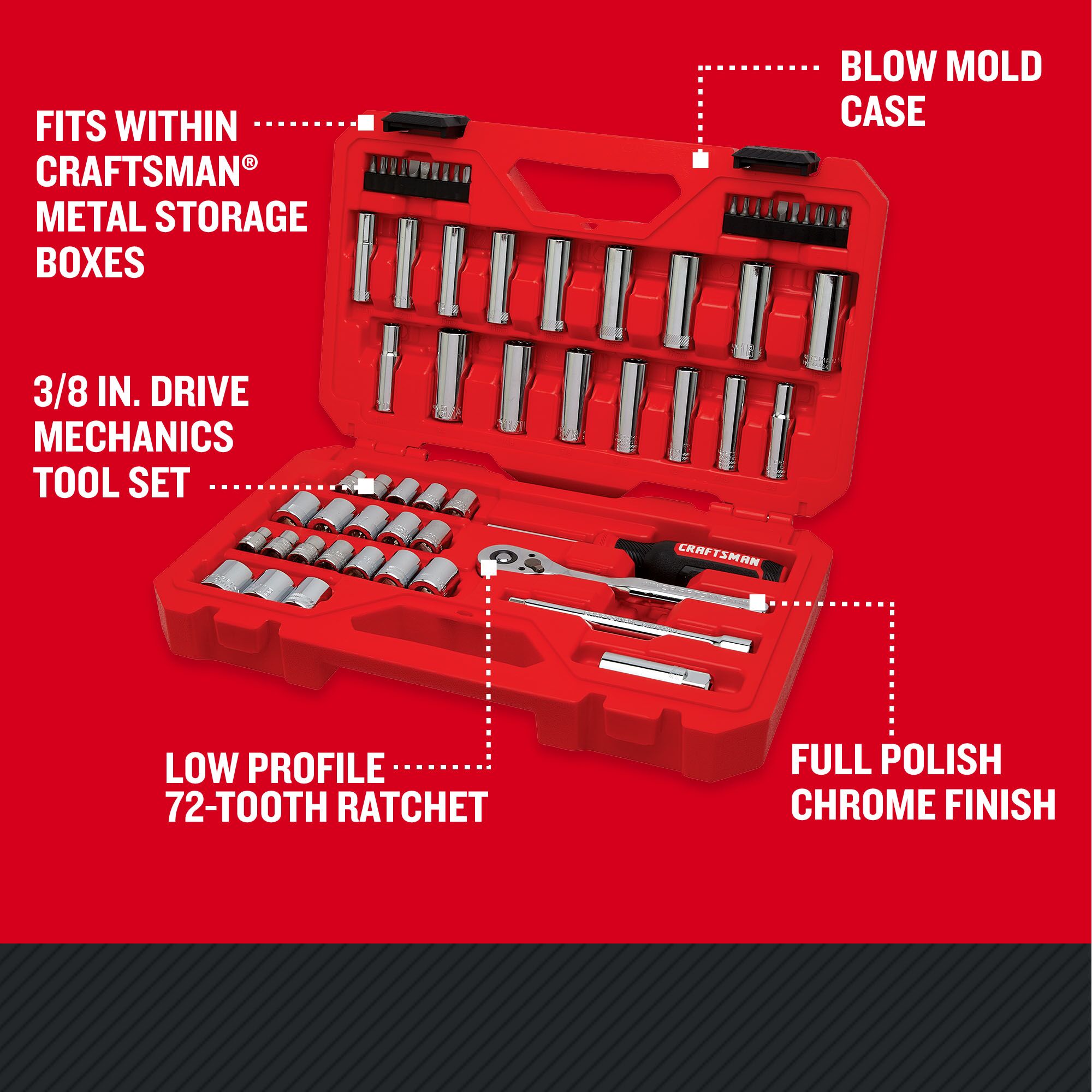 CRAFTSMAN Low Profile 61 piece 3/8 inch drive MECHANICS TOOL SET with features and benefits highlighted