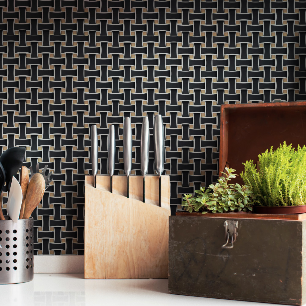 Sample – Metro Dog Bone Basketweave Matte Black w/Glass Gold Dot Porcelain Mosaic Tile