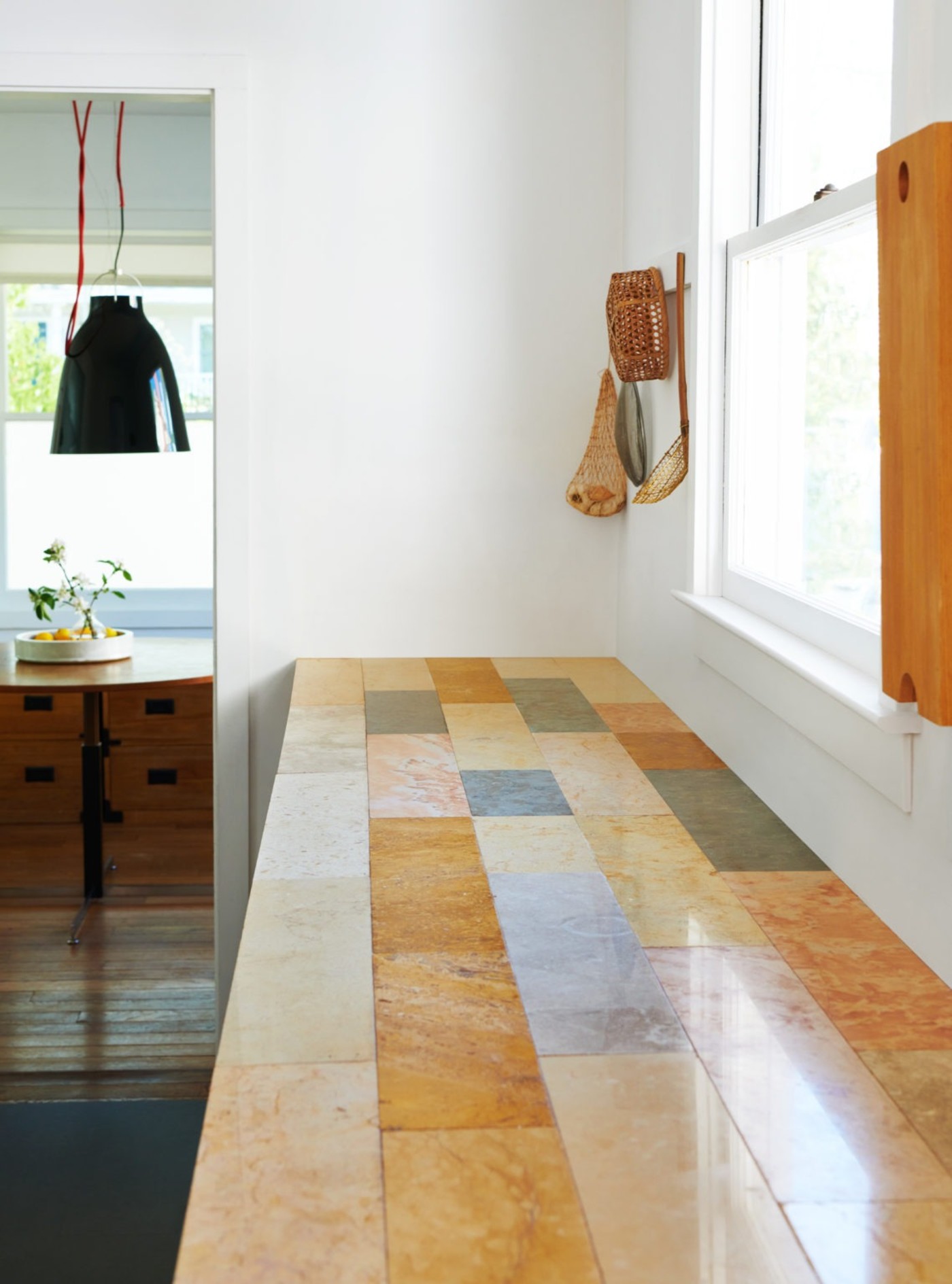 a tile counter in a kitchen.