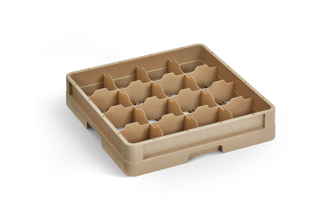 Full-size Traex® closed wall 16 compartment cup rack with two extenders in Beige