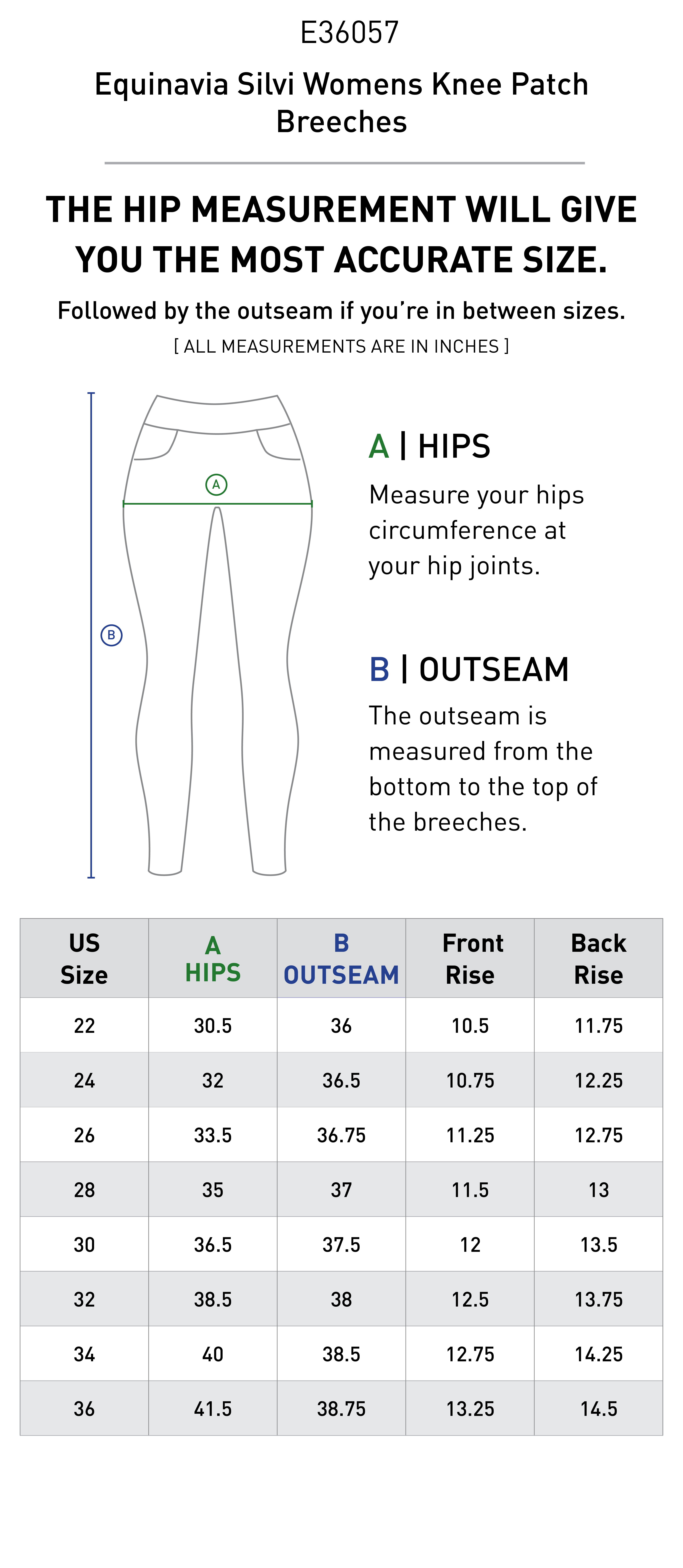 Size chart for Equinavia Silvi Womens Knee Patch Breeches - Navy