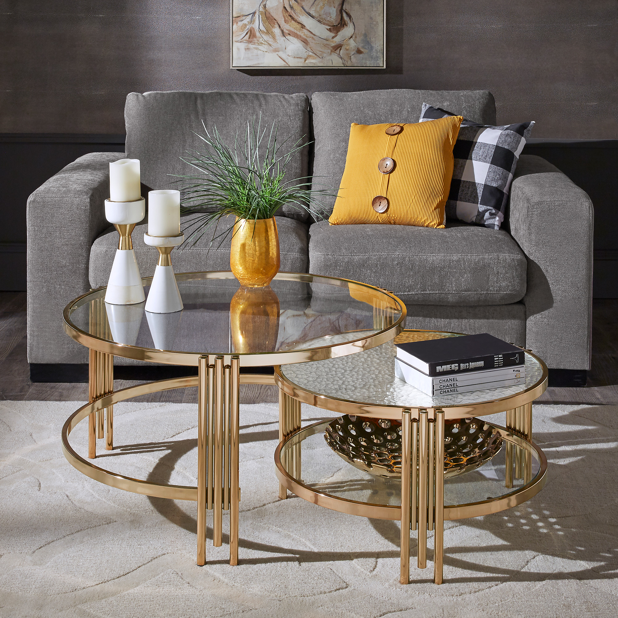 Champagne Gold Finish Textured Glass Table with Shelf