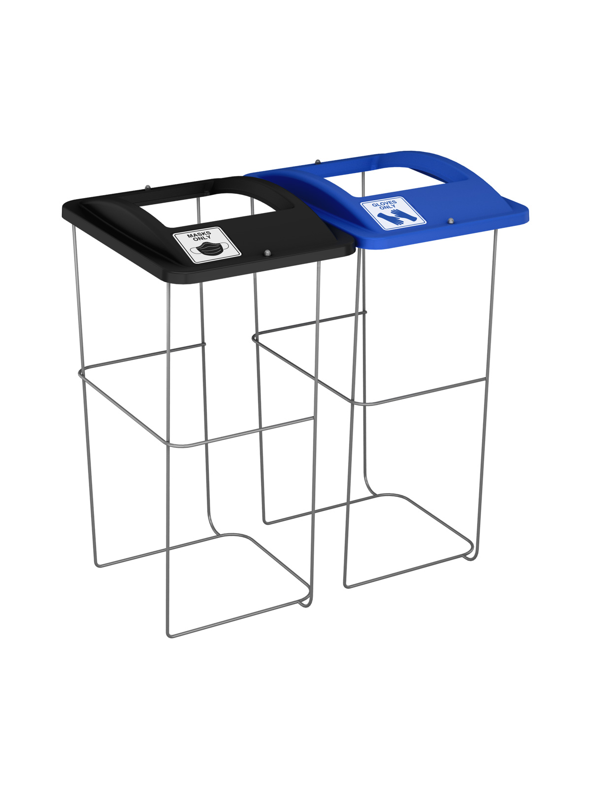 Two Busch Systems Wire Event Containers side by side with blue gloves only lid and black masks only lid