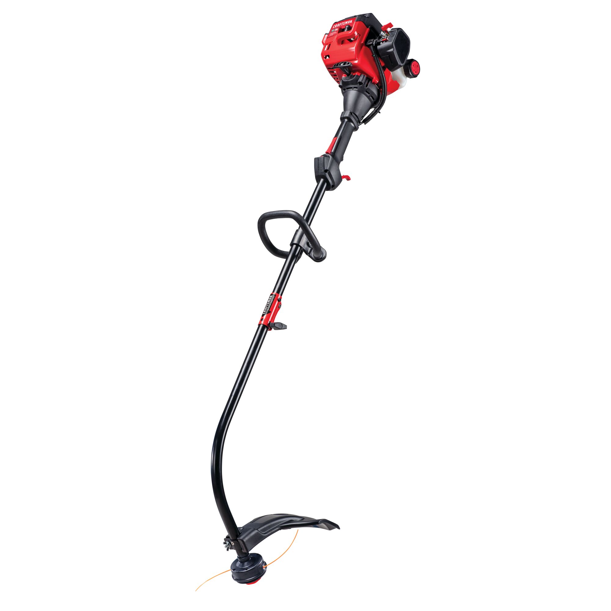 Right profile of 2 Cycle 17 inch attachment capable curved shaft gas weedwacker trimmer.