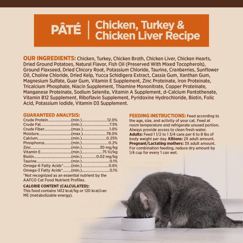 <p>Chicken, Turkey, Chicken Broth, Chicken Liver, Chicken Hearts, Dried Ground Potatoes, Natural Flavor, Fish Oil (Preserved With Mixed Tocopherols), Ground Flaxseed, Dried Chicory Root, Potassium Chloride, Taurine, Cranberries, Sunflower Oil, Choline Chloride, Dried Kelp, Yucca Schidigera Extract, Cassia Gum, Xanthan Gum, Magnesium Sulfate, Guar Gum, Vitamin E Supplement, Zinc Proteinate, Iron Proteinate, Tricalcium Phosphate, Niacin Supplement, Thiamine Mononitrate, Copper Proteinate, Manganese Proteinate, Sodium Selenite, Vitamin A Supplement, d-Calcium Pantothenate, Vitamin B12 Supplement, Riboflavin Supplement, Pyridoxine Hydrochloride, Biotin, Folic Acid, Potassium Iodide, Vitamin D3 Supplement.</p>
