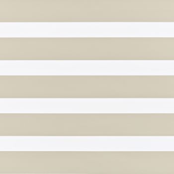 Horizontal zebra roller blind covering entire window: alternating opaque beige and translucent white bands aligned to filter light; indoor setting with soft diffuse lighting and no outside view.