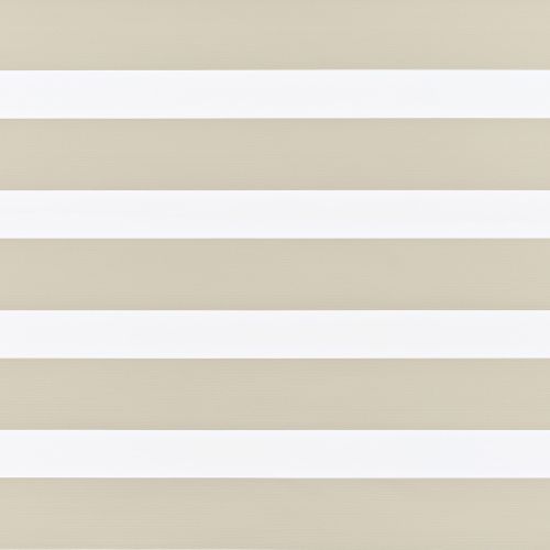 Horizontal zebra roller blind covering entire window: alternating opaque beige and translucent white bands aligned to filter light; indoor setting with soft diffuse lighting and no outside view.