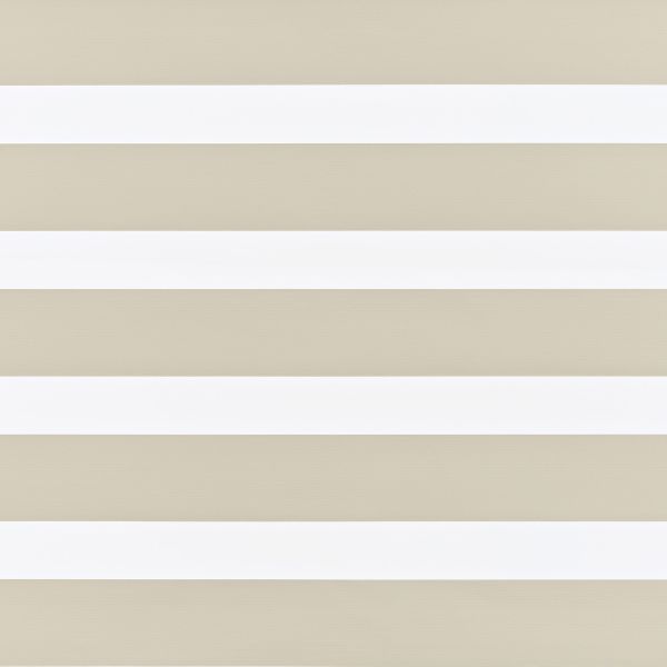 Horizontal zebra roller blind covering entire window: alternating opaque beige and translucent white bands aligned to filter light; indoor setting with soft diffuse lighting and no outside view.
