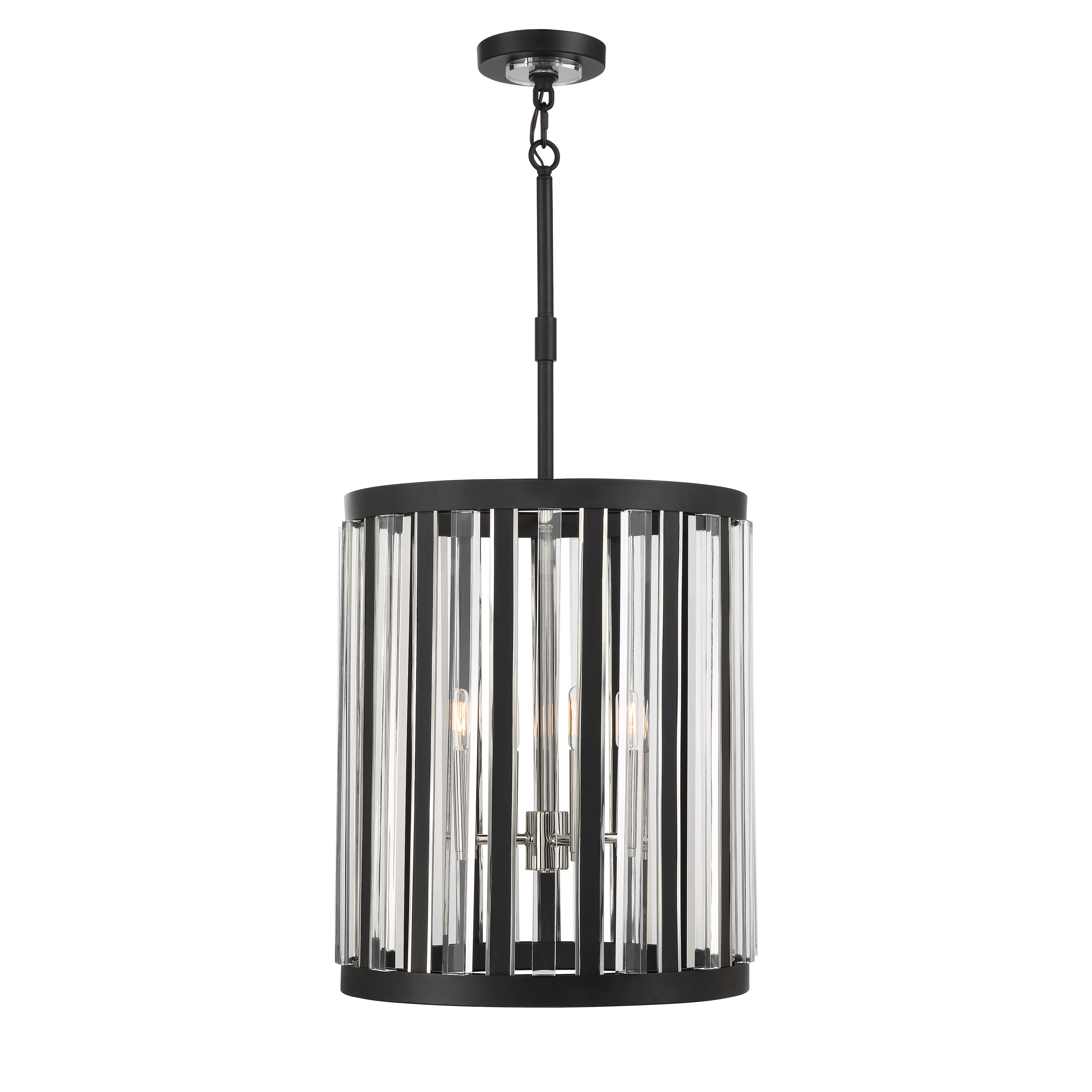 The Majestic Splendor combines contemporary design with industrial elegance through its striking Sand Coal and Polished Nickel finish. Four candelabra lights provide ample illumination while acrylic accents soften the metal framework. - alternate view