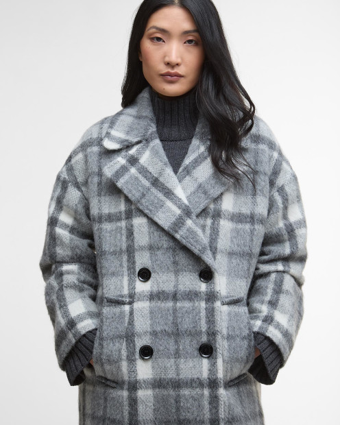 Beattie Double-Breasted Wool Coat Soft Grey Check/Onyx Tartan