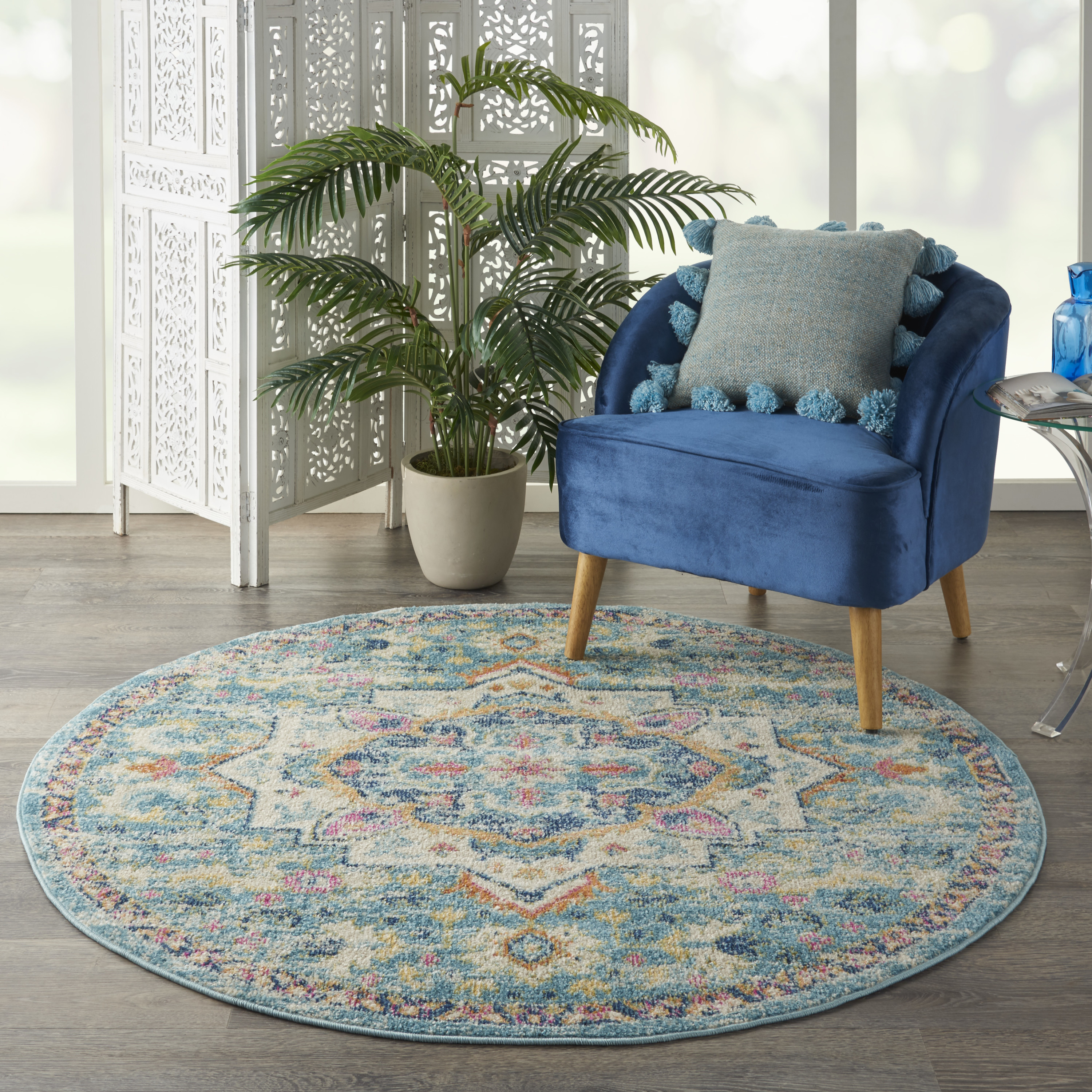 Nourison Passion 5' x Round Ivory Light Blue Bohemian Indoor Rug