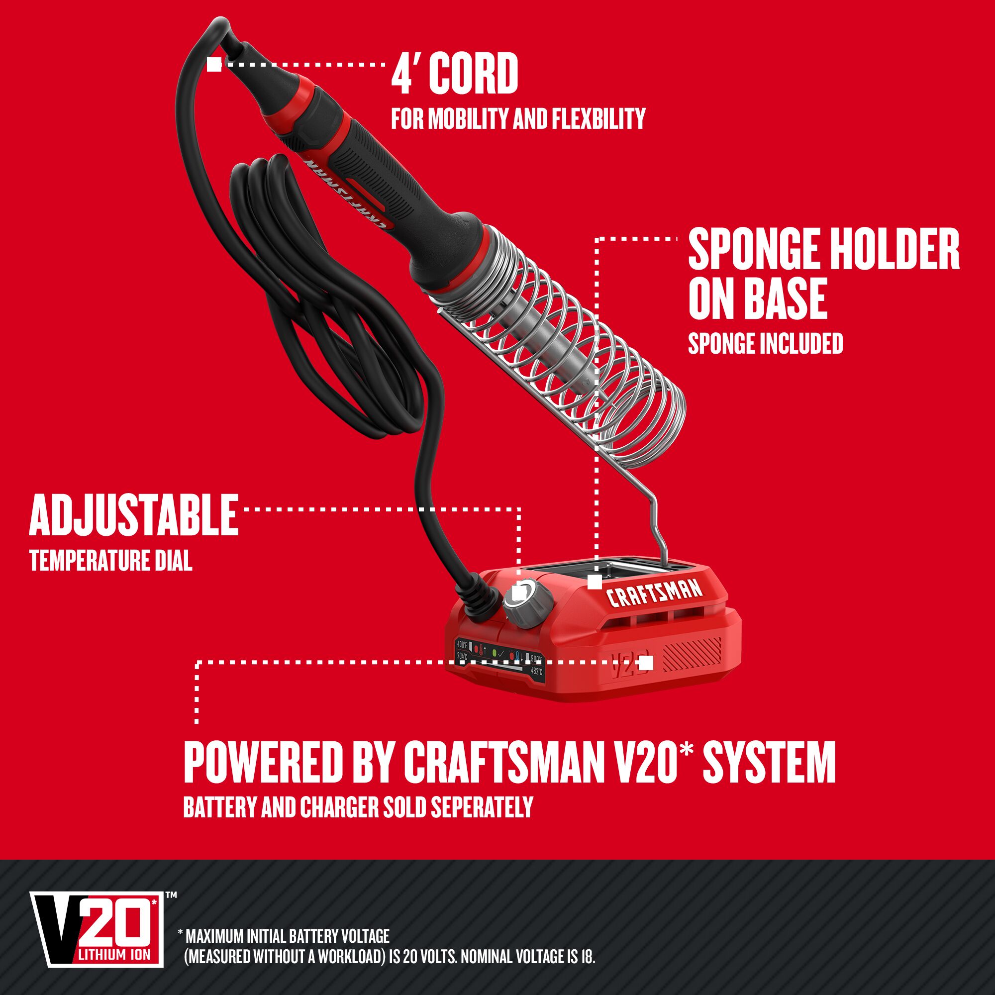 Walk-around graphic of product highlighting 4' cord, sponge holder on base, adjustable temperature dial, powered by CRAFTSMAN V20 system