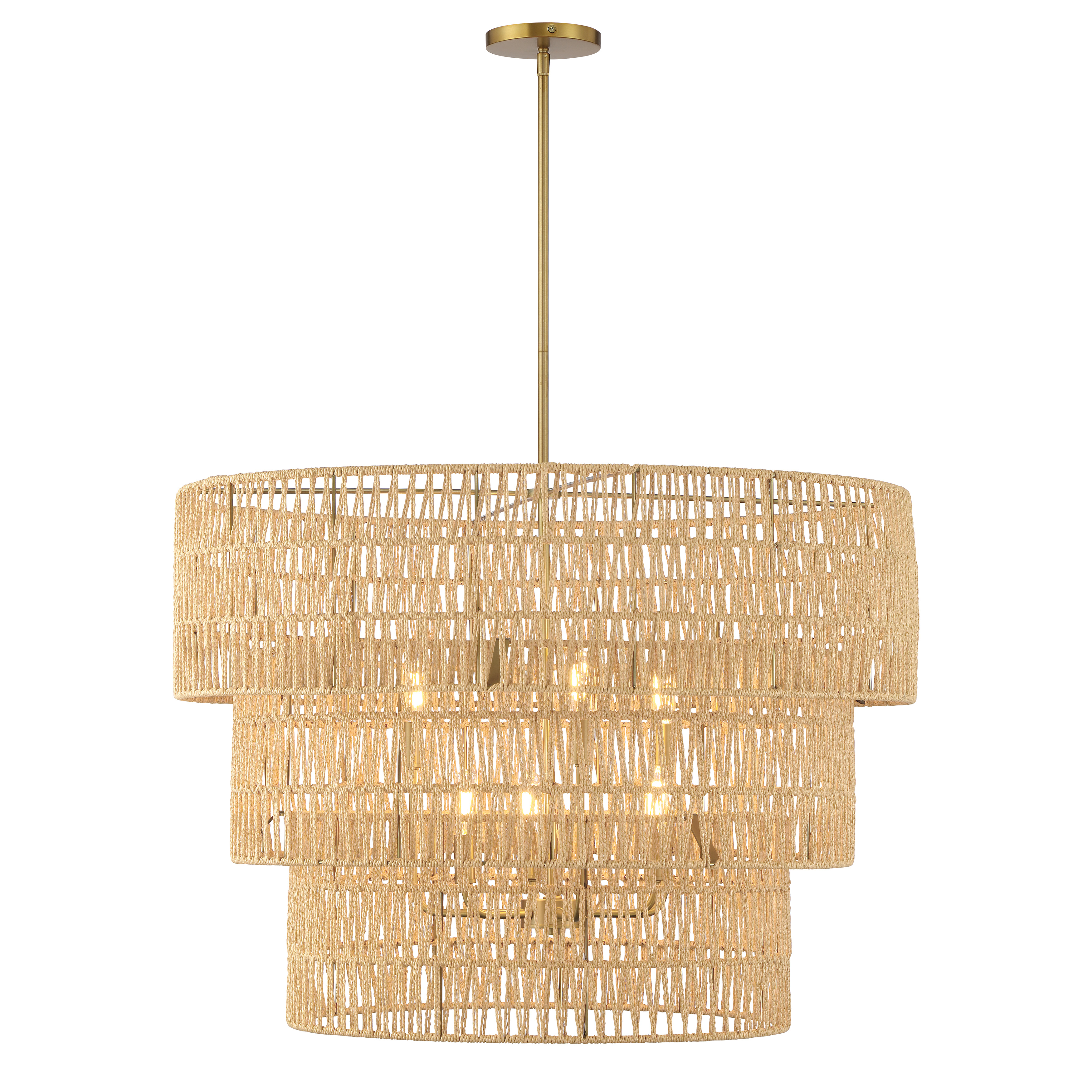 The Bungalow Heaven pendant brings relaxed sophistication with its handwoven papyrus rope shade and soft brass finish. Six candelabra bulbs provide ample illumination while the natural materials create warm, textured ambiance perfect for coastal and organic modern interiors. - alternate view