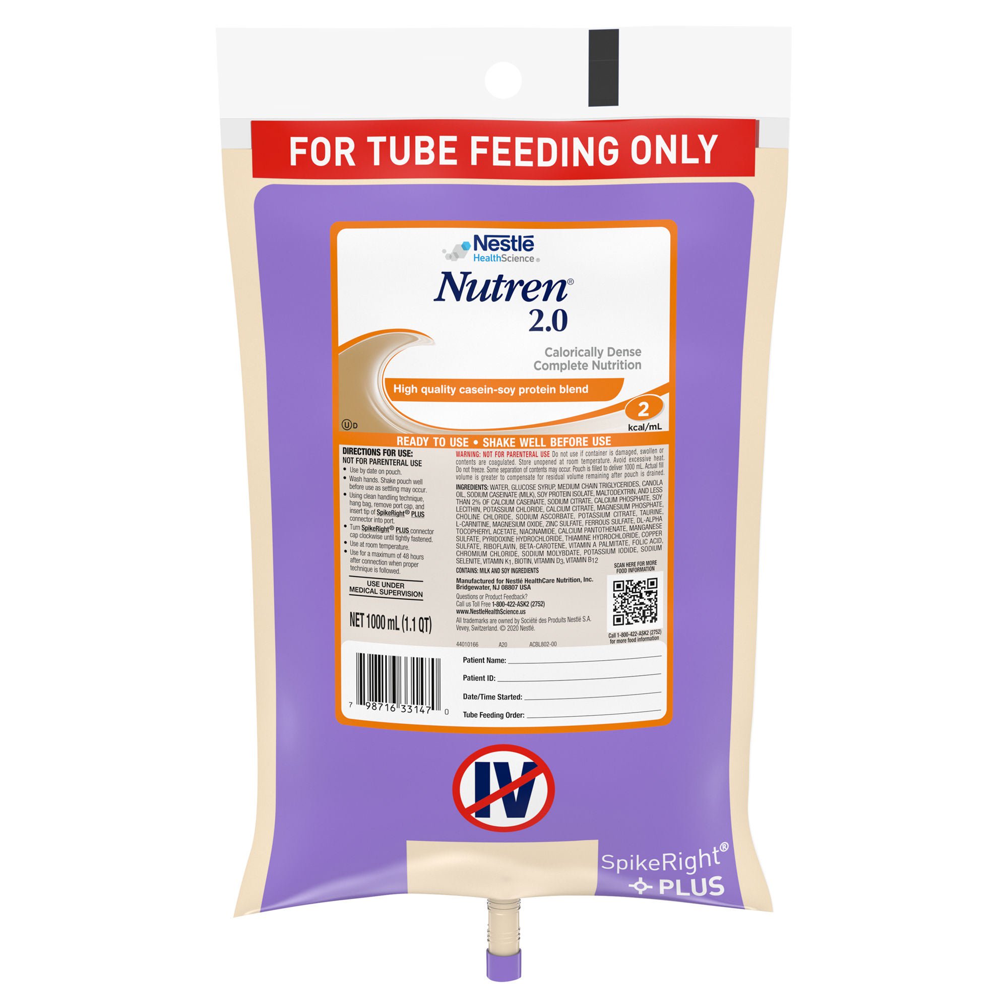 Nutren® 2.0 Tube Feeding Formula, 1000 mL Ready to Hang Prefilled Container