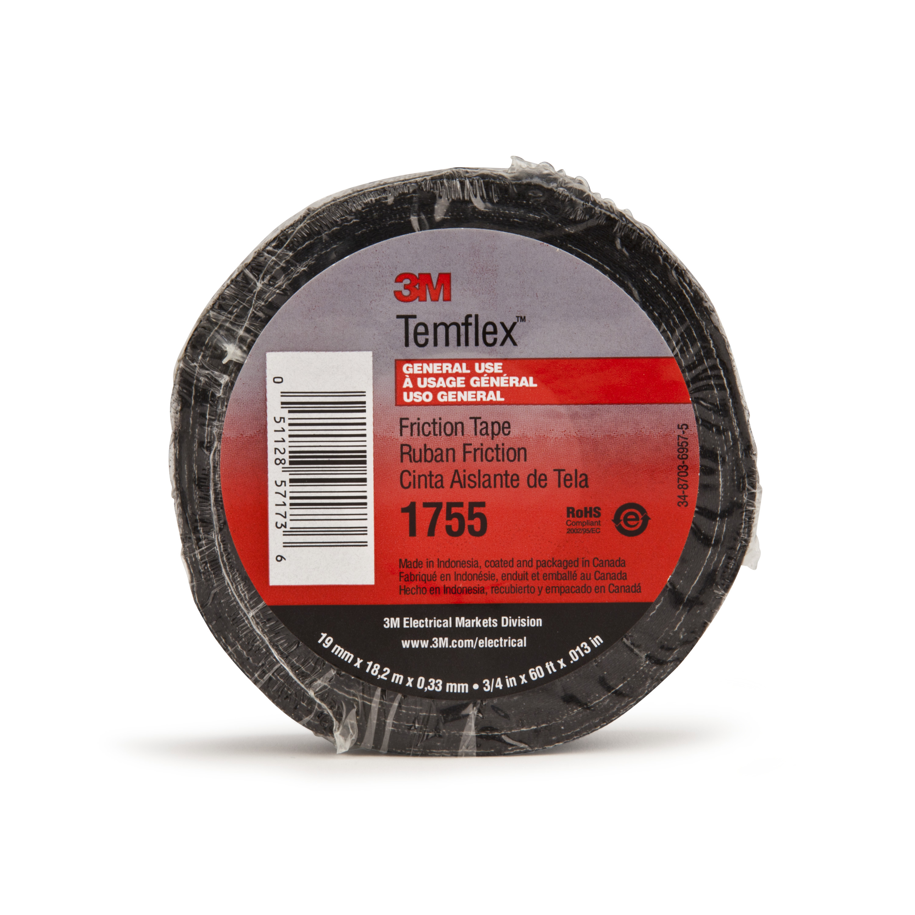 3M™ Temflex™ Cotton Friction Tape 1755, 3/4 in x 82-1/2 ft, Black, 60
rolls/Case